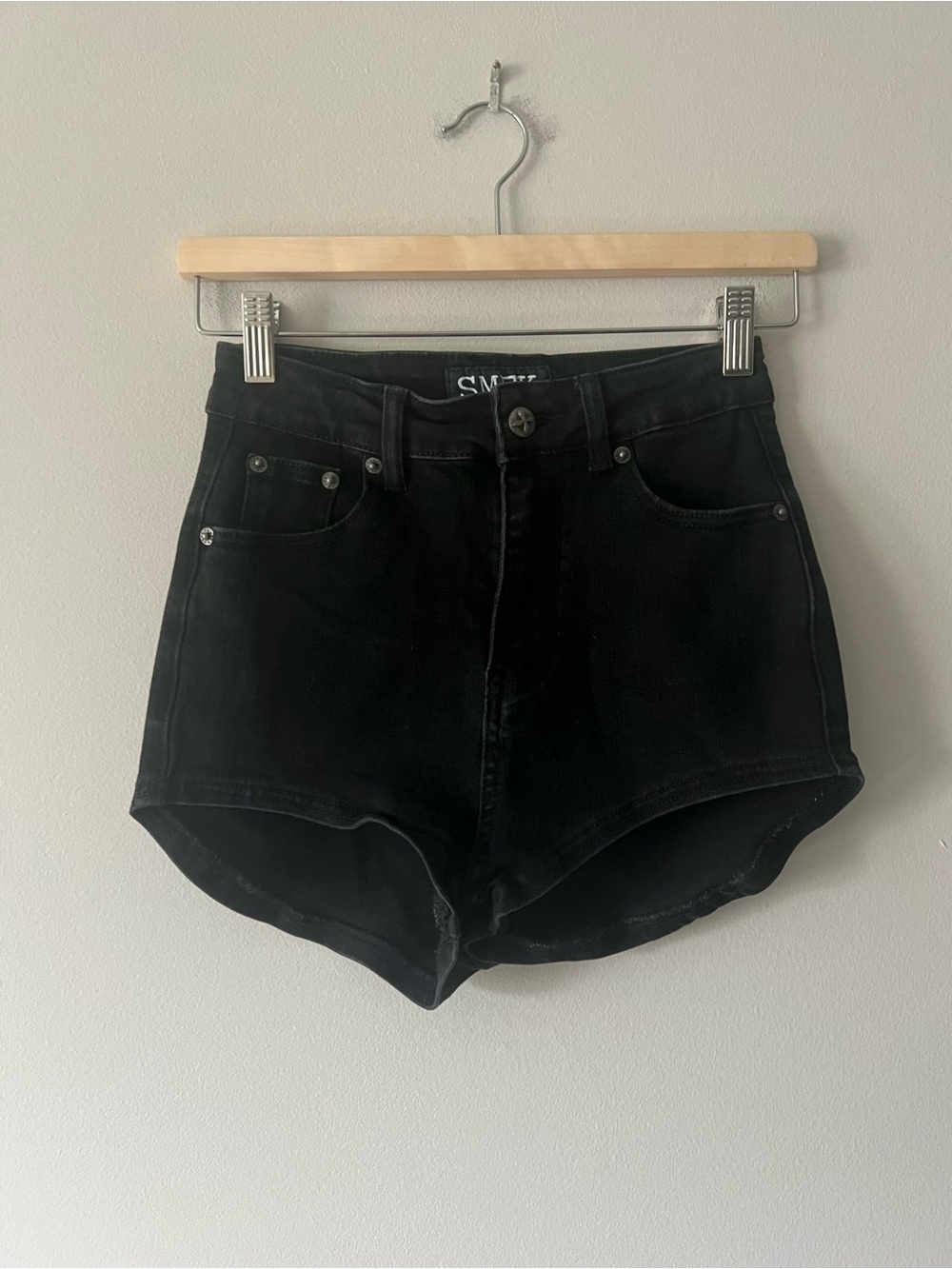 SMFK Black High Rise Denim Shorts Embroidered Logo Size S